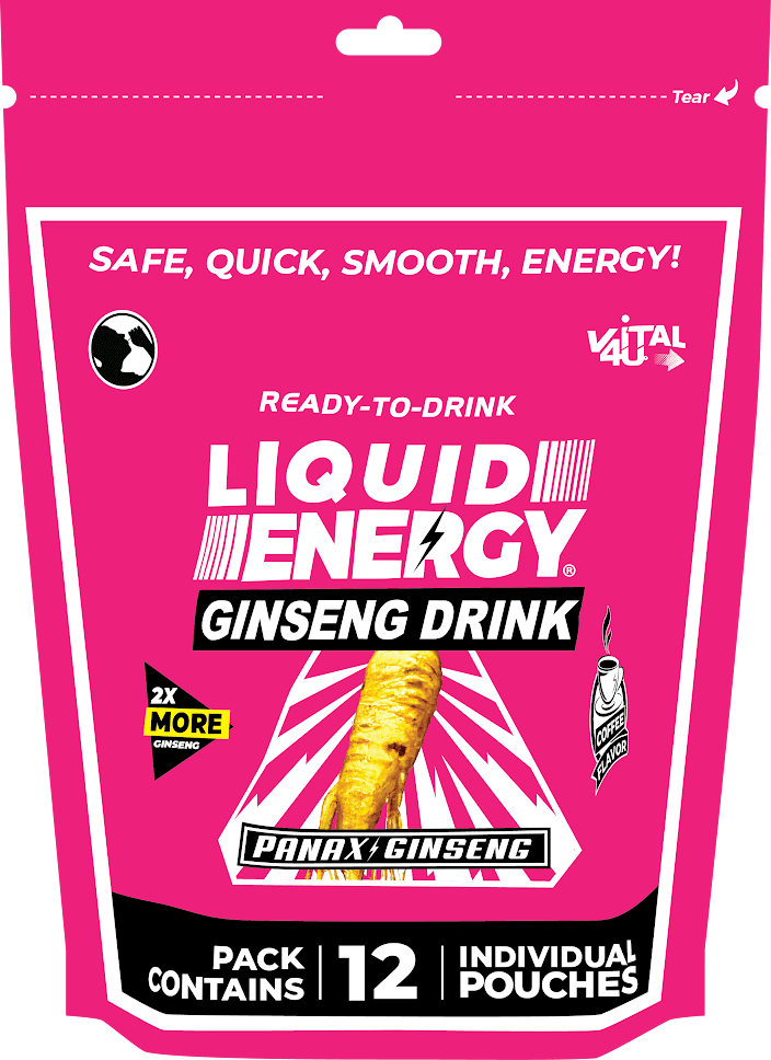 Pink package of Liquid Energy Ginseng Drink, coffee flavored, with bold text and energetic graphics.