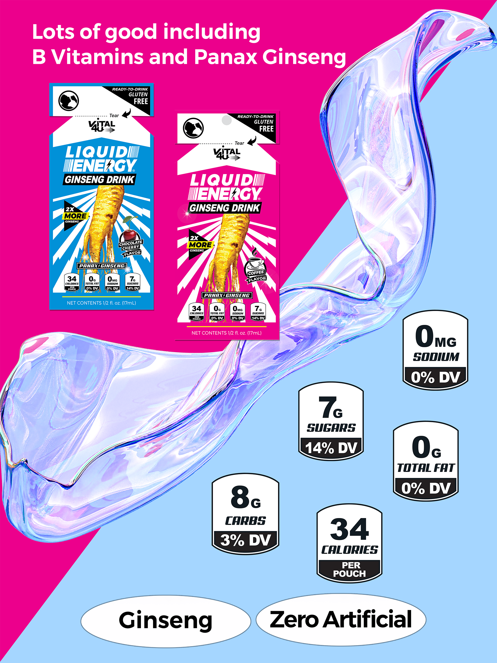 Liquid Energy Ginseng Drink pouches with nutrition information, such as sugar, sodium, total fat, carbs, and calories.