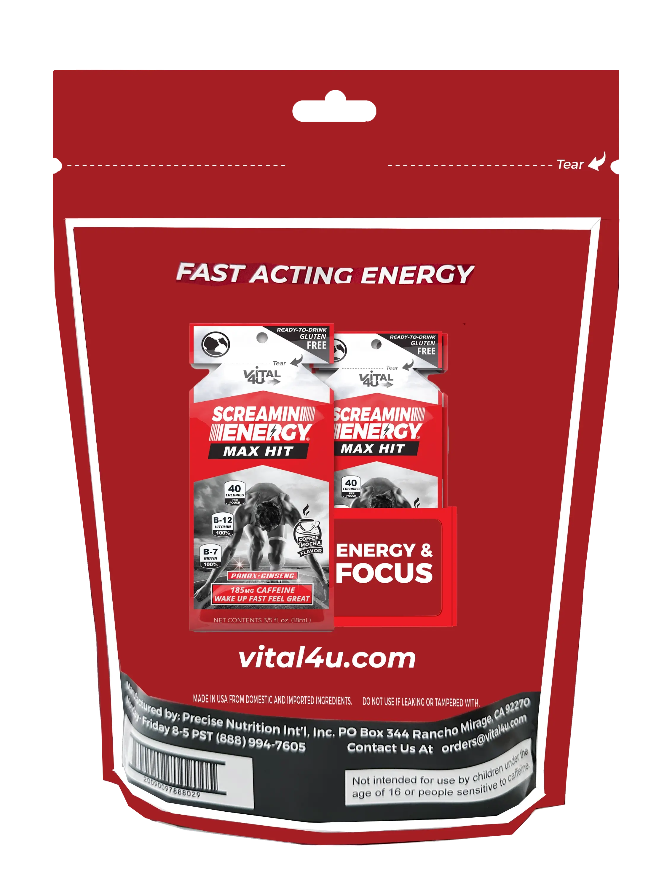 The back of the red package containing 12 pouches of mocha flavored energy shots, showcasing the design of the individual energy pouches.