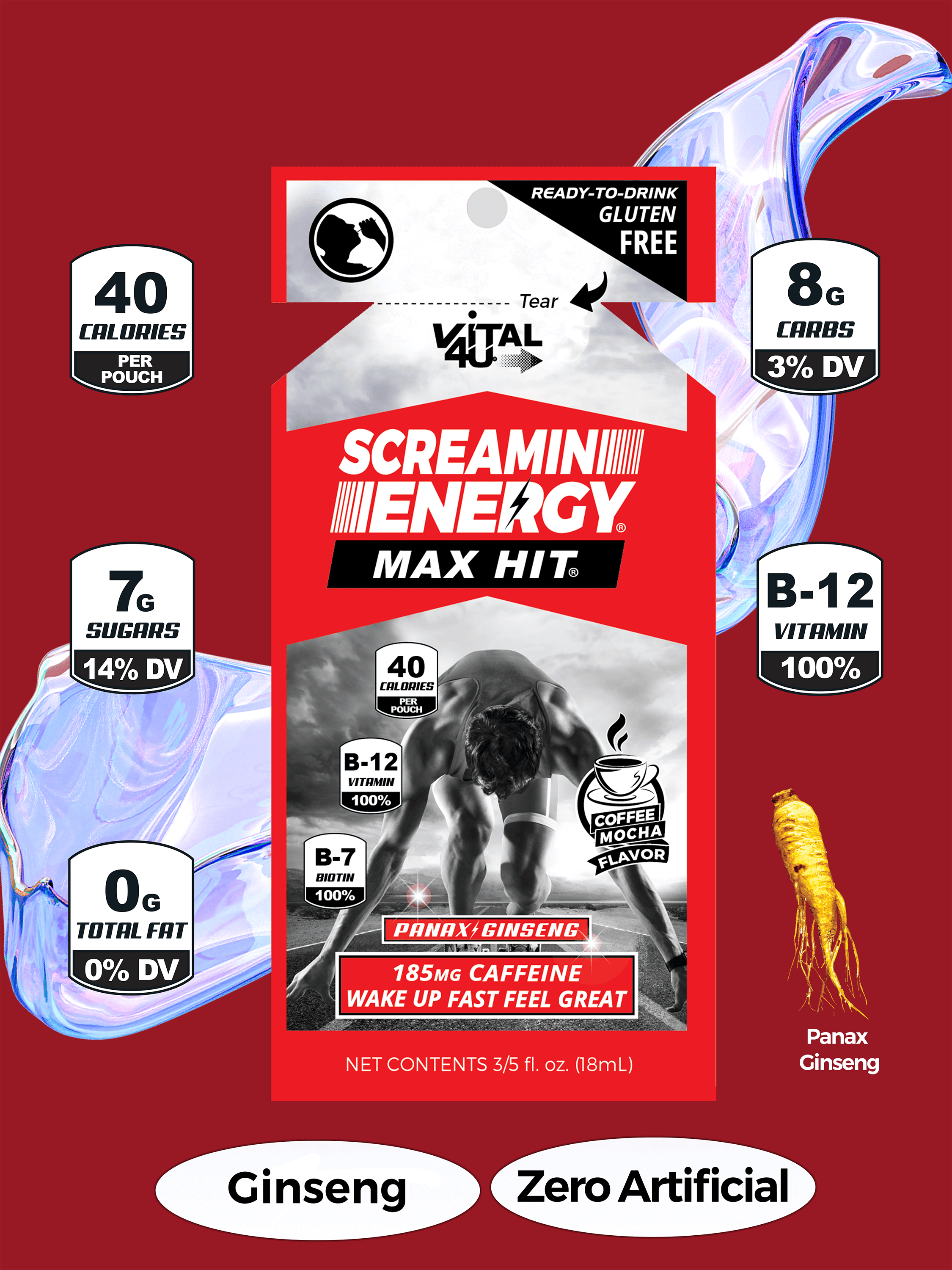 Screamin Energy Max Hit coffee flavored energy shot with ginseng drink calories, sugars, vitamins, fat, and carb facts.