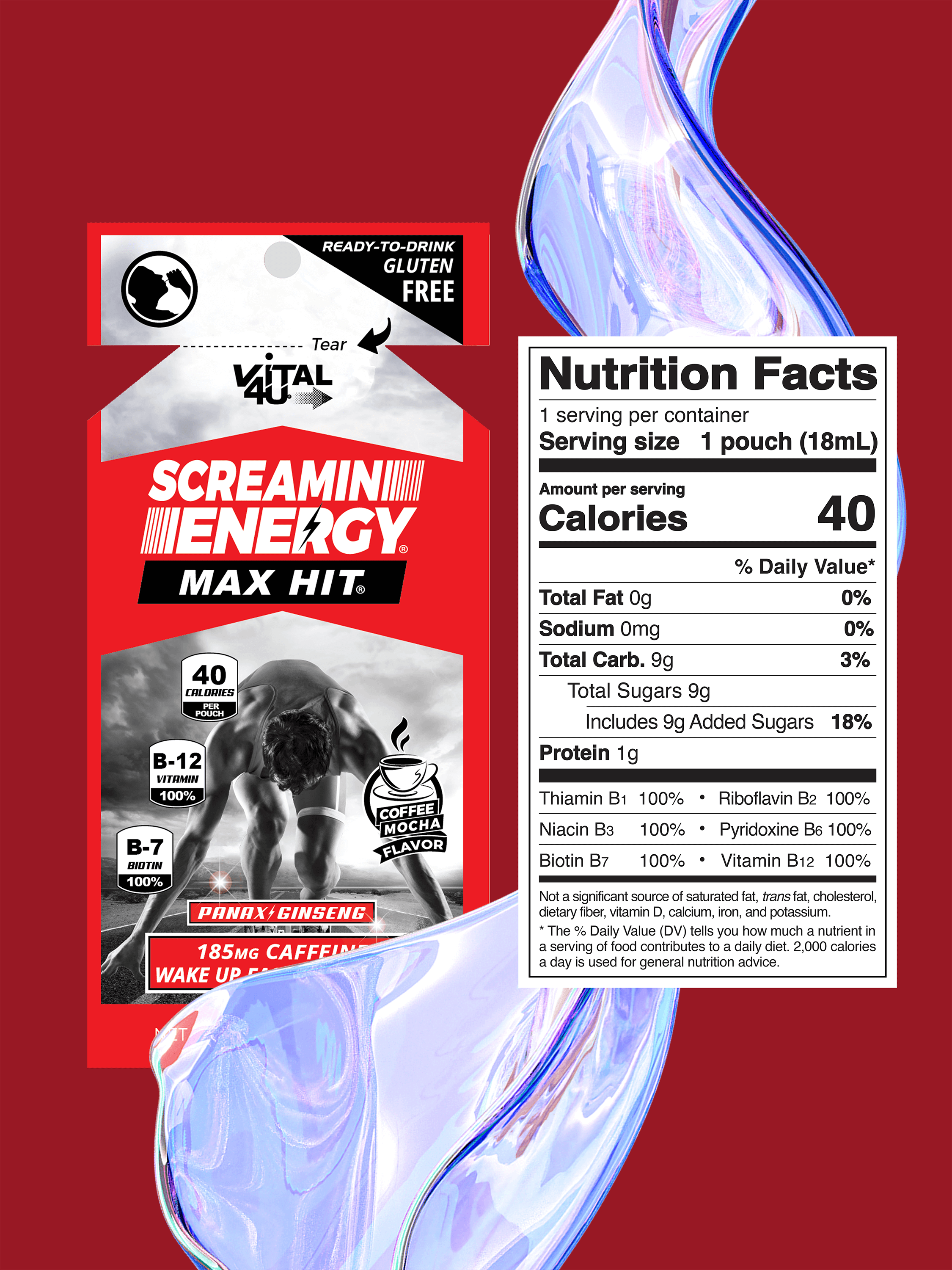 Vital 4U Screamin Energy Max Hit coffee flavored energy shot energy pouch front and nutrition facts label on a red background.