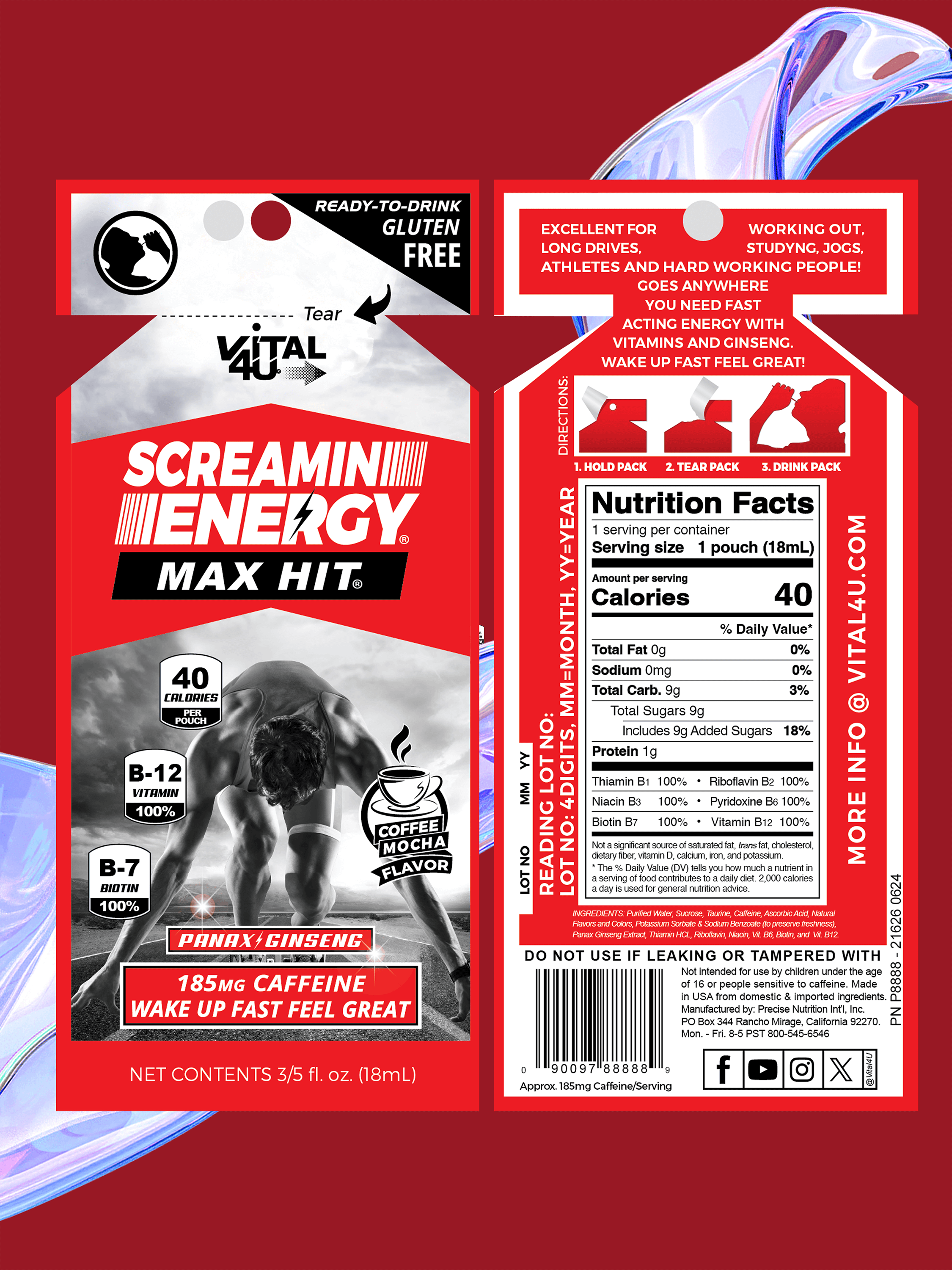 Screaming Energy Max Hit mocha flavored liquid energy pouch front and back labels with nutrition facts.