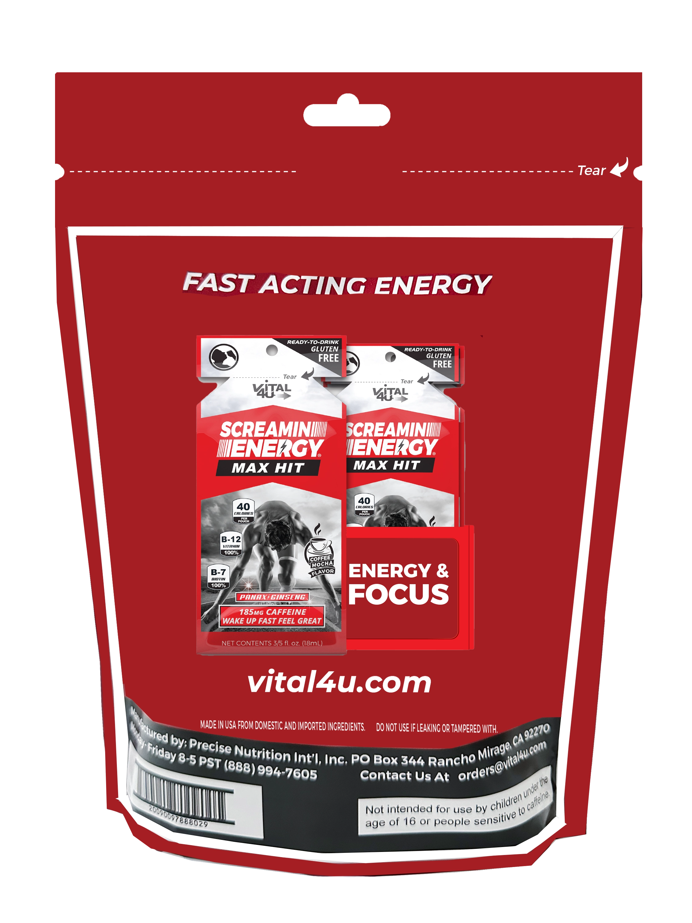 The back of the red package containing 12 pouches of coffee flavored energy shots, showcasing what the design of the individual energy pouches.