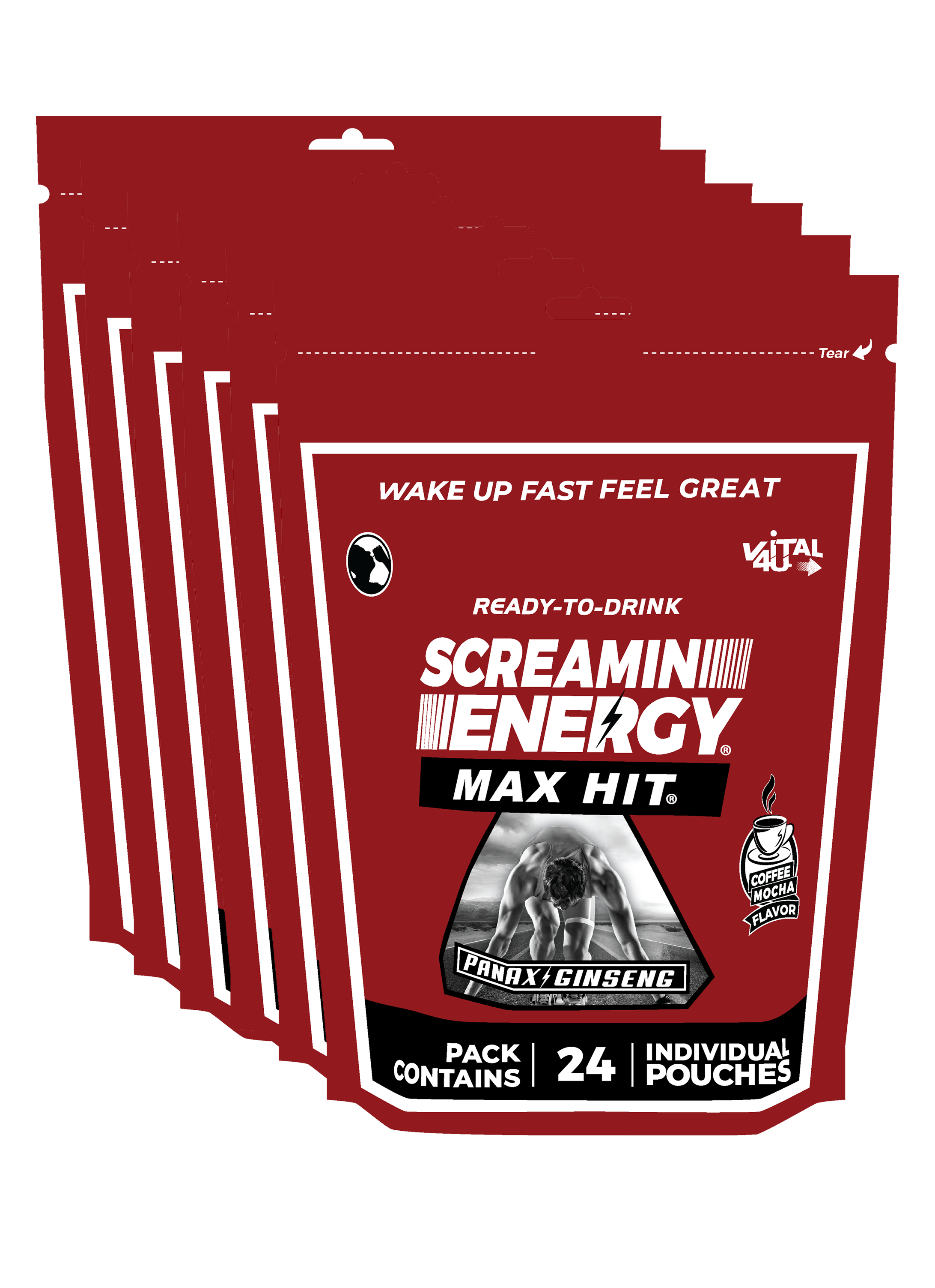 Six red bags containing 24 pouches each of Vital 4U Screamin Energy Max Hit coffee flavored ginseng energy shots.
