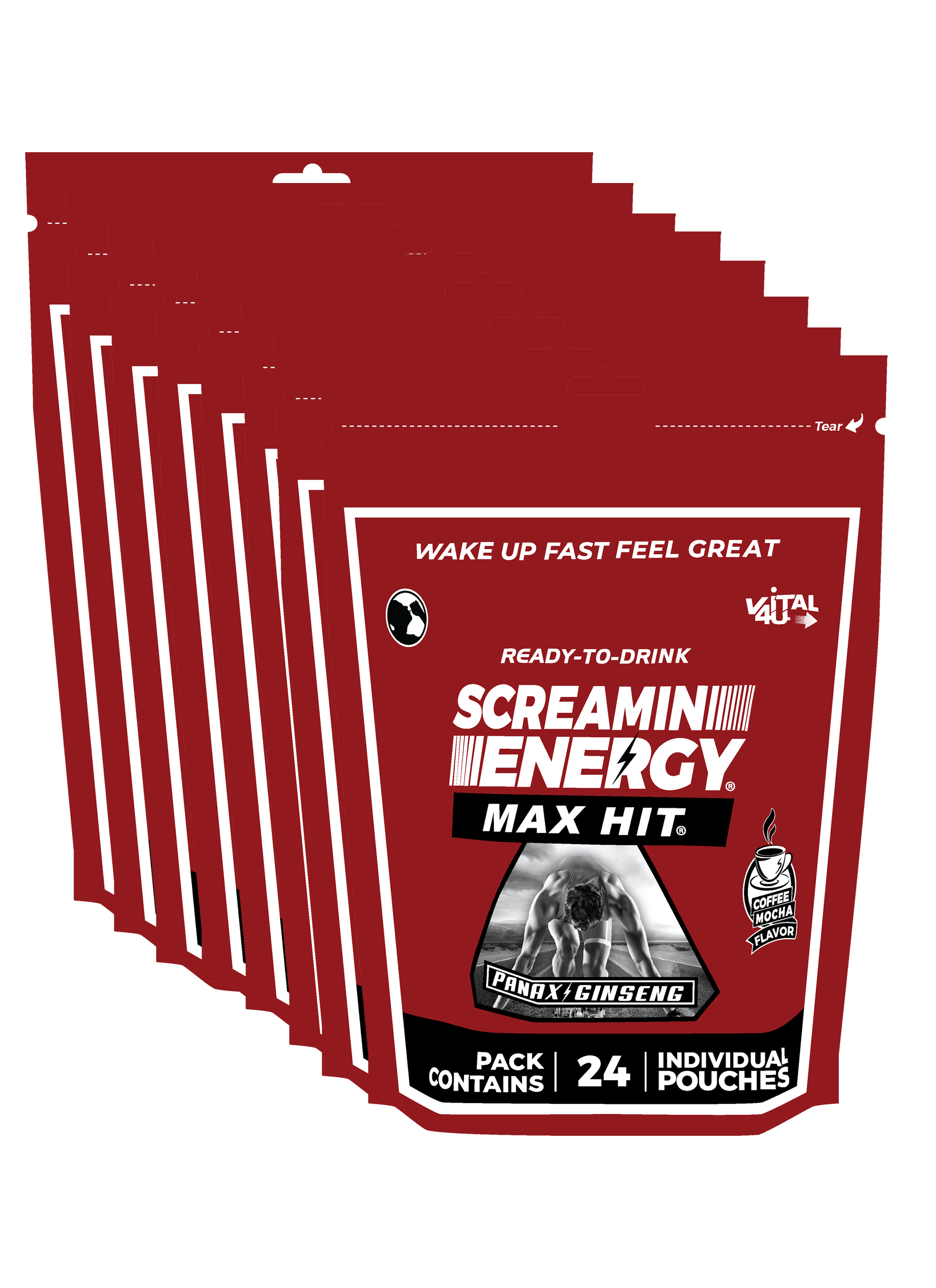 Eight red bags containing 24 pouches each of Vital 4U Screamin Energy Max Hit coffee flavored ginseng energy shots.