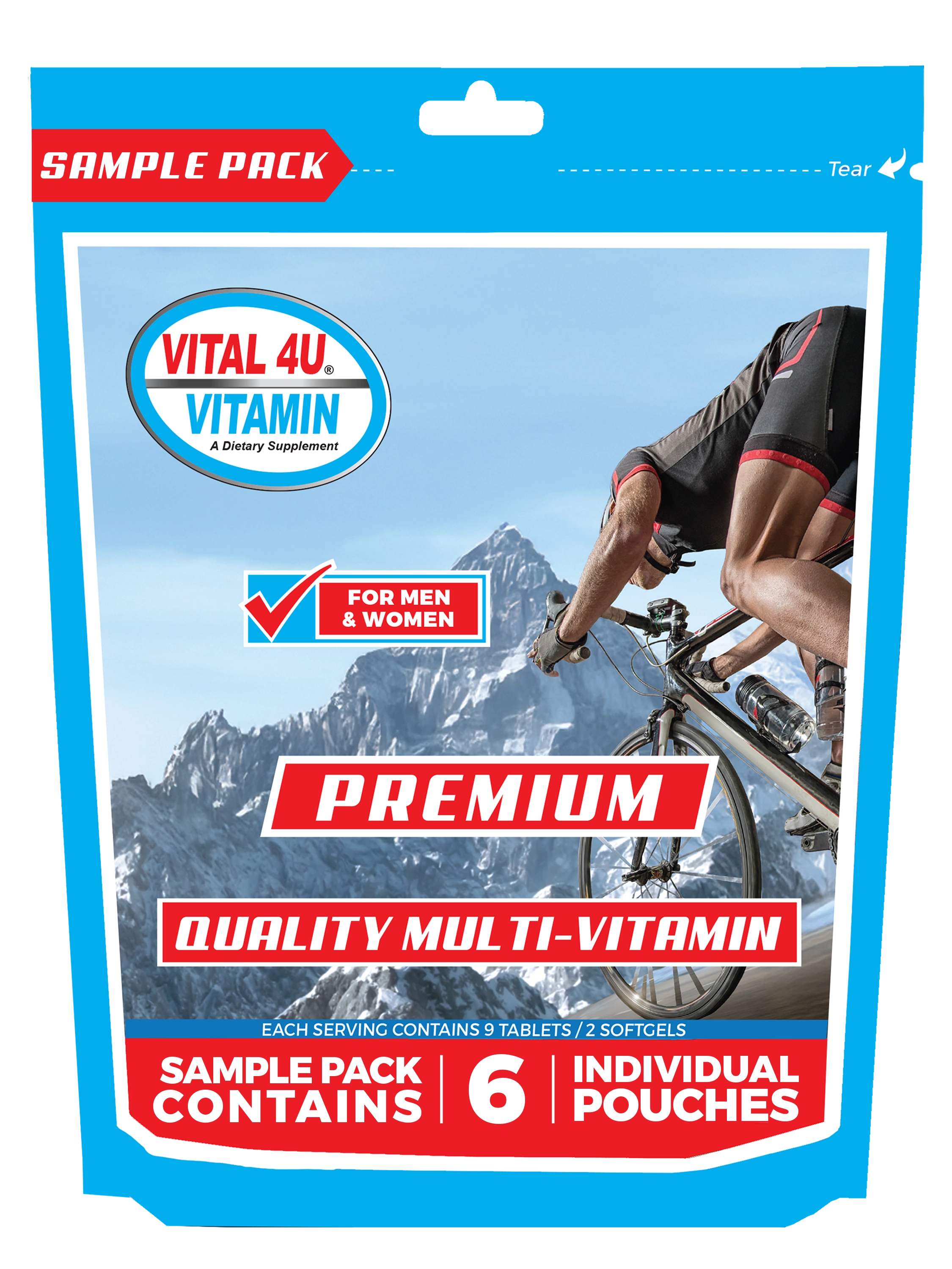 Blue Vital 4U multi vitamin package with a mountain and cyclist design.

