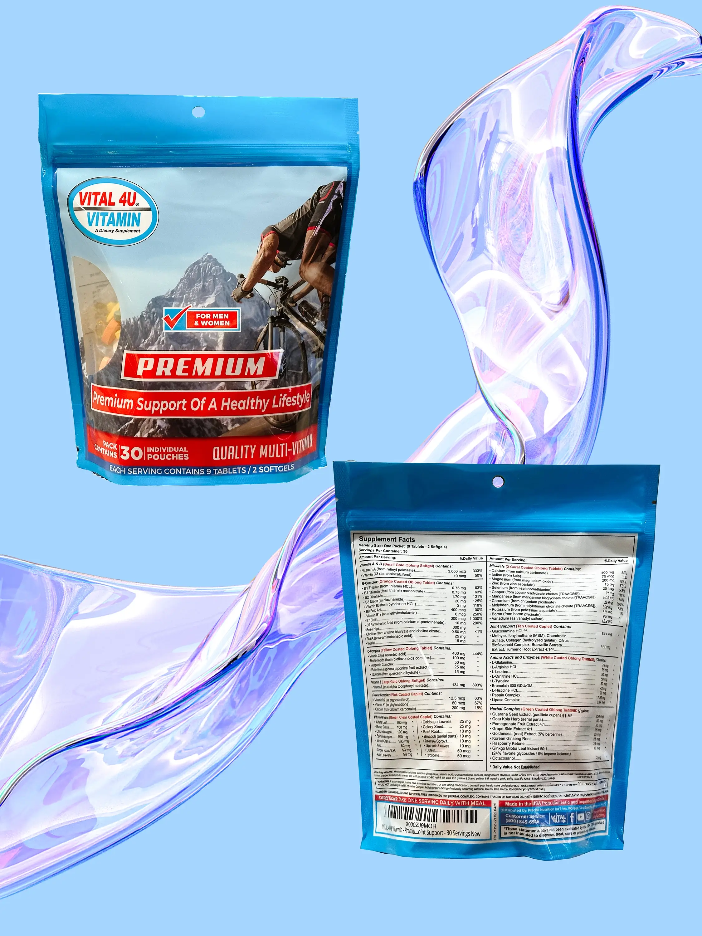The front and back of the Premium Vitamins package on a blue background.