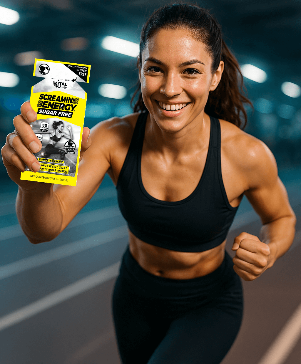 A female runner holding a Screamin Energy Sugar Free Vanilla Latte Flavor Energy Shot.