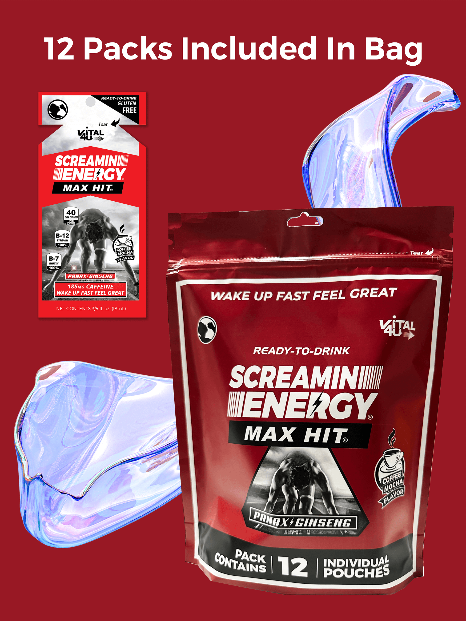 A 12 pack of Screaming Energy Max Hit coffee flavored energy pouches.