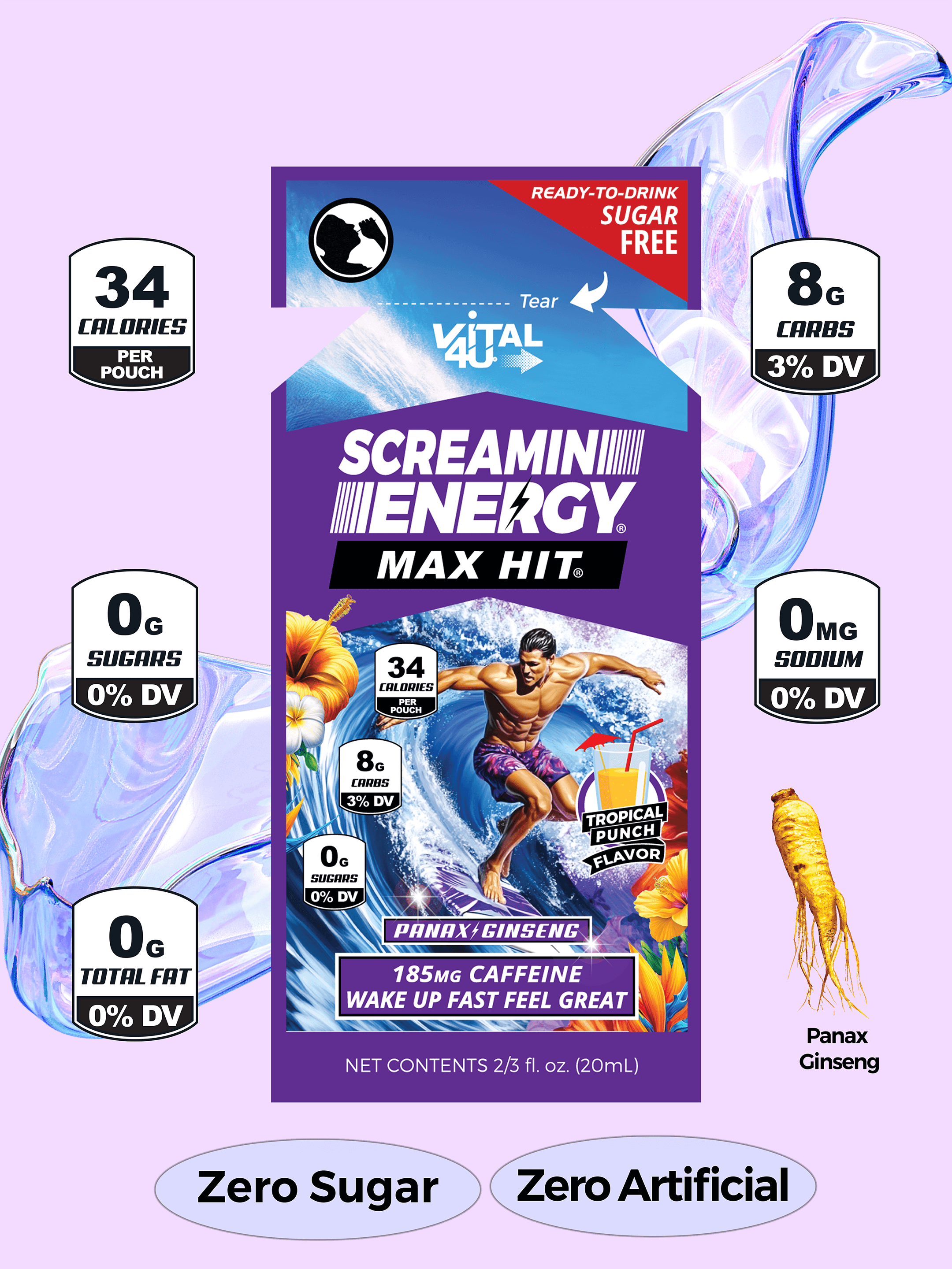 Screamin Energy Max Hit Energy Shot Pouch next to bubble graphics containing nutrition facts.