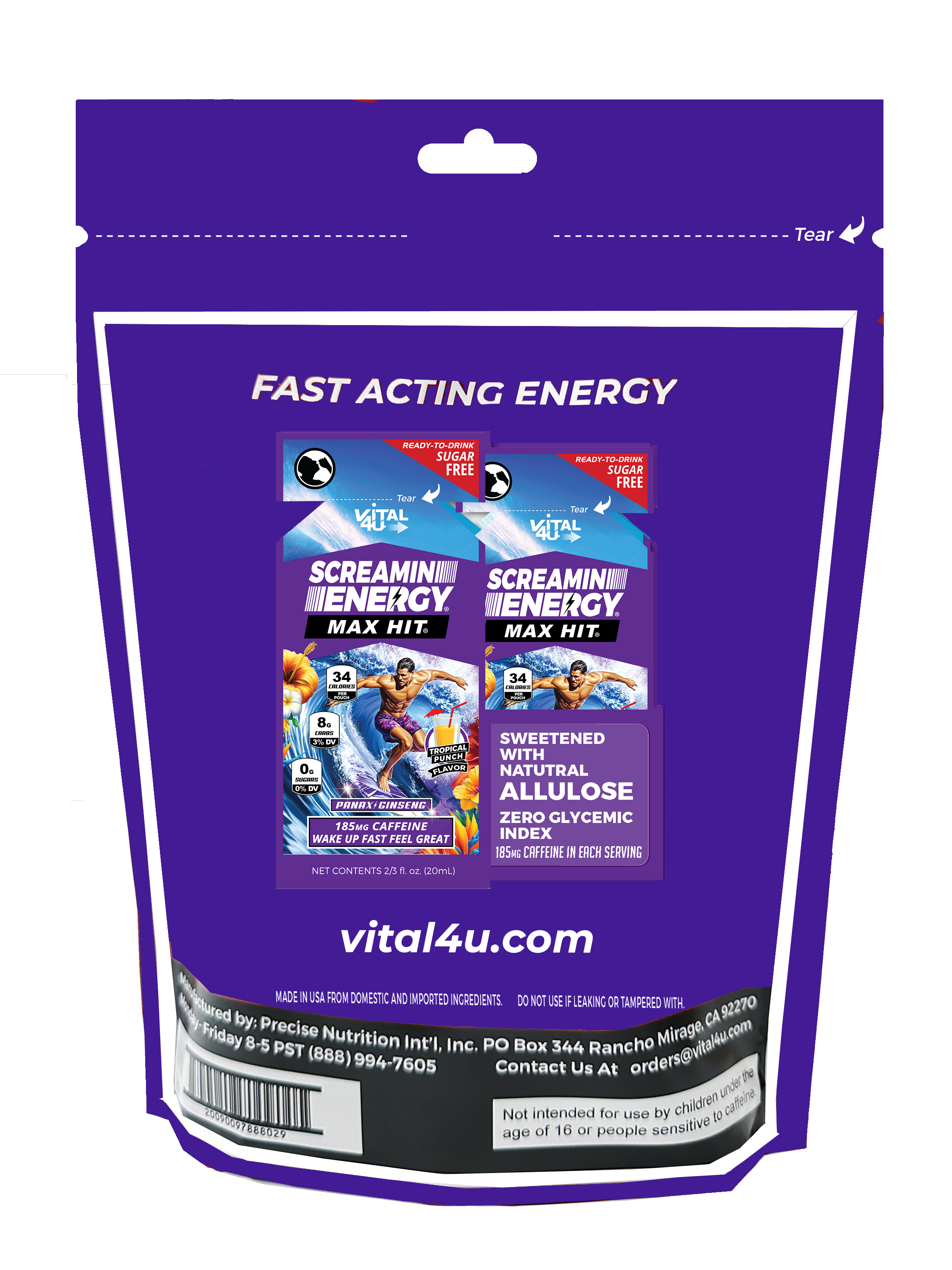 The back of the purple Screamin Energy Max Hit Tropical Punch Flavor Energy Shot package featuring a surfer and text.