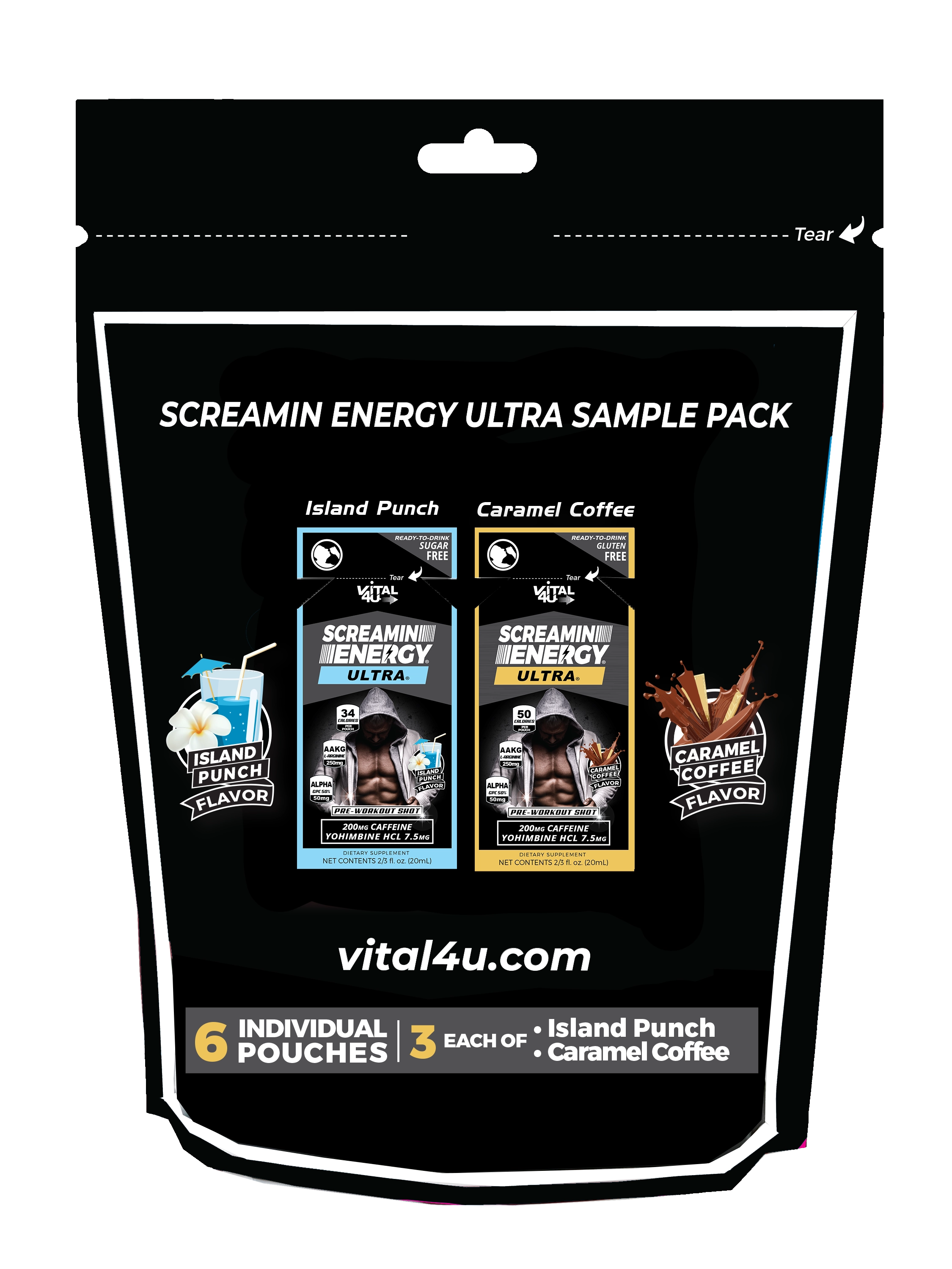 The back of the Screaming Energy Ultra energy drink sample package containing caramel coffee and island punch energy shot pouches.