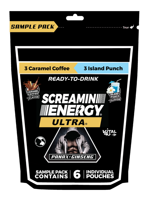 Screaming Energy Ultra energy drink sample pack containing three caramel coffee and three island punch flavors.