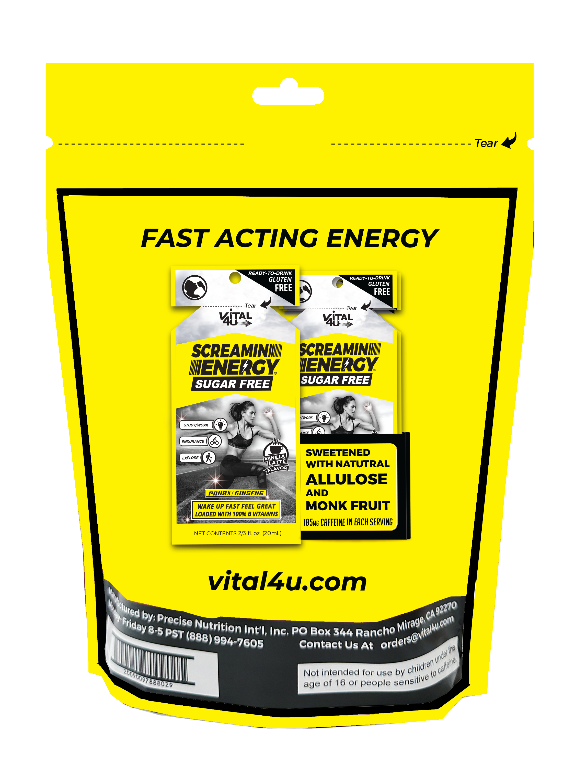 The back of the yellow Screamin Energy Sugar Free Vanilla Latte Flavor package featuring two energy pouches and text.