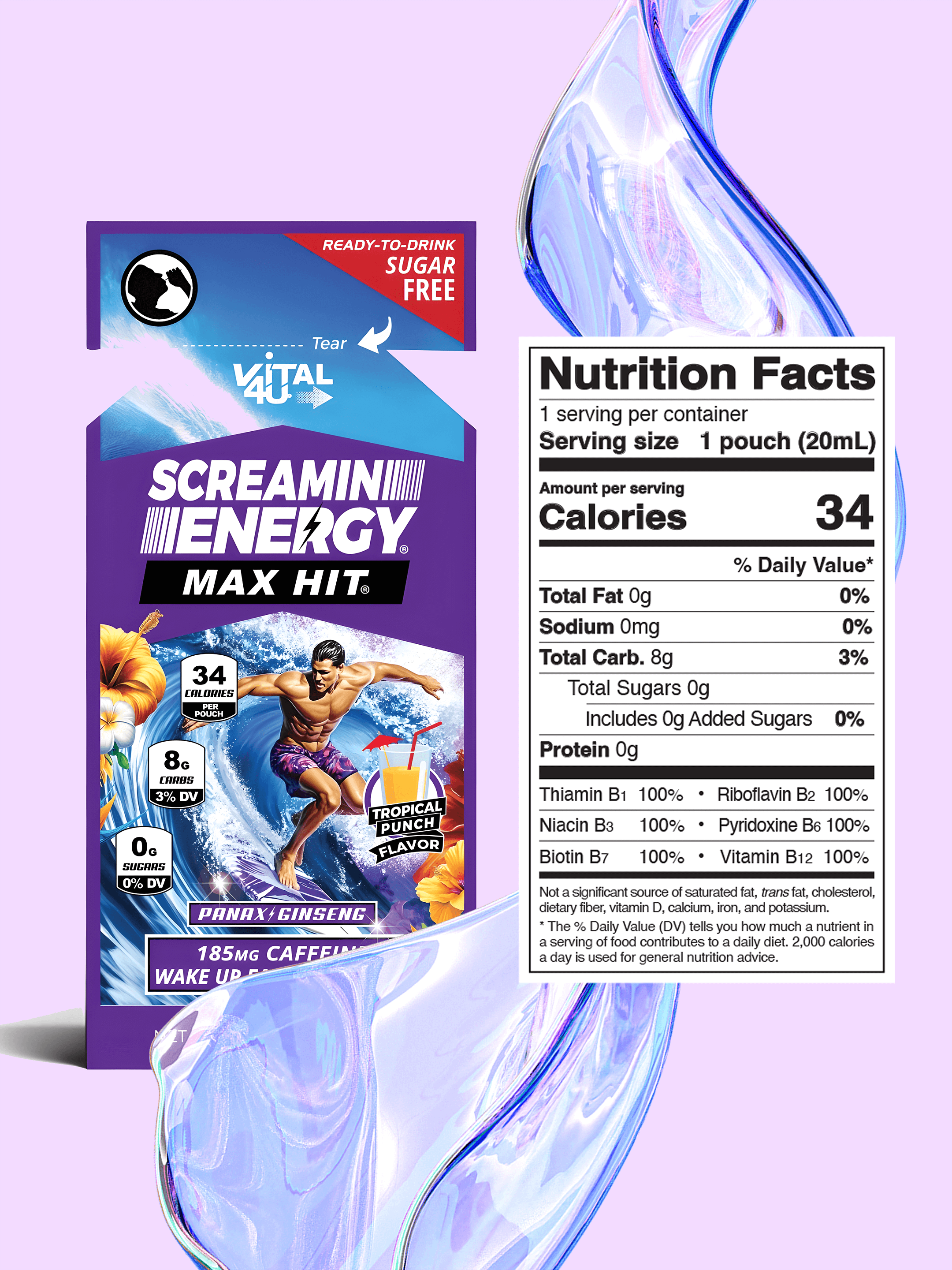 The front label and back nutrition facts of a Screamin Energy Tropical Punch Flavor Energy Shot Pouch.