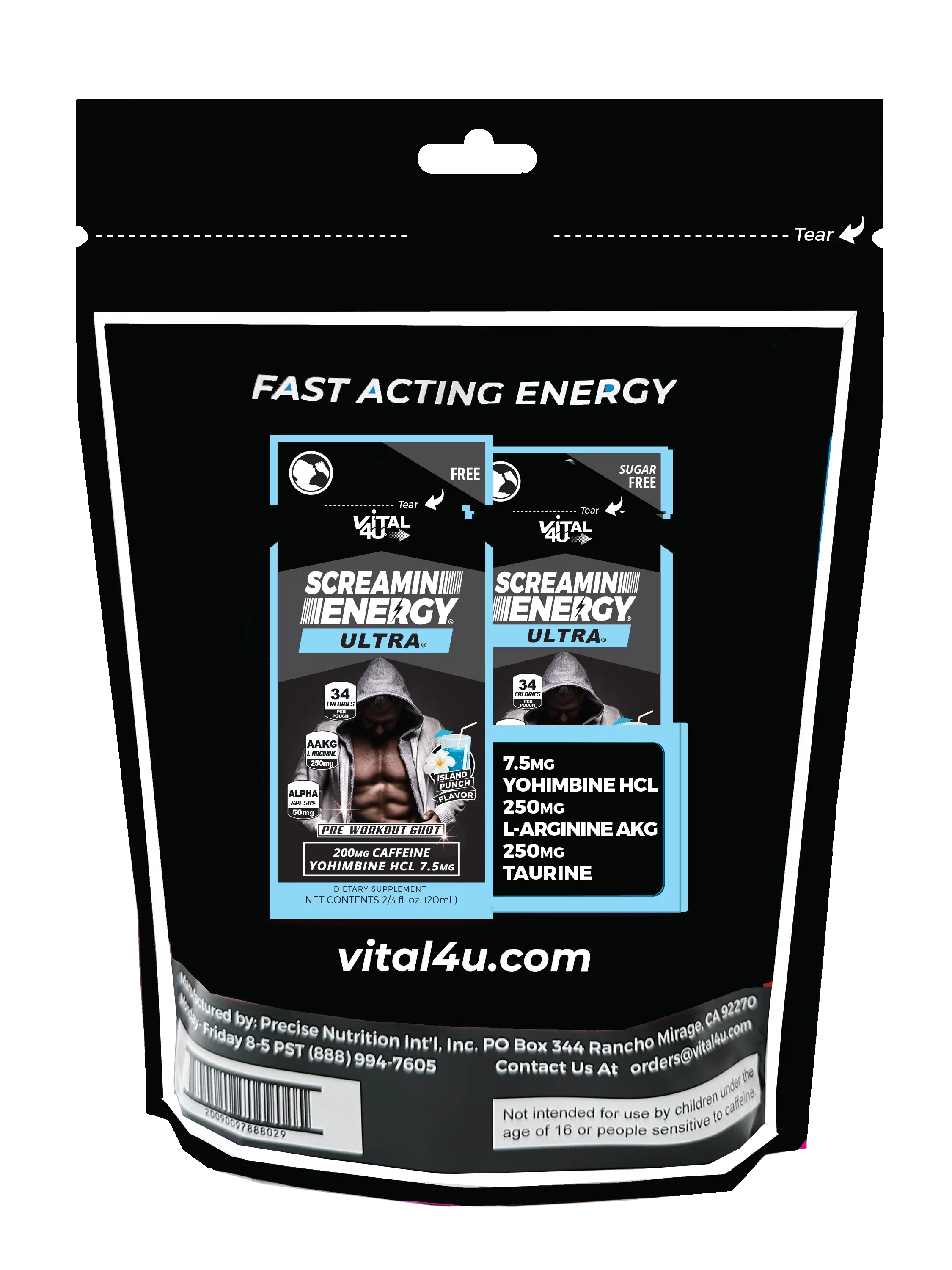 The back of the Screamin Energy Ultra Island Punch Fast Acting Energy package.