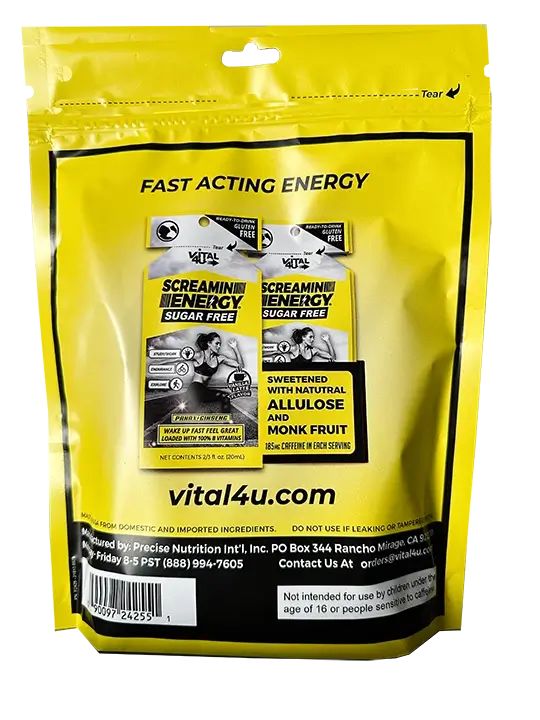 Back of the yellow Screamin Energy Sugar Free Vanilla Latte package shown with two energy pouches and detailed product text.