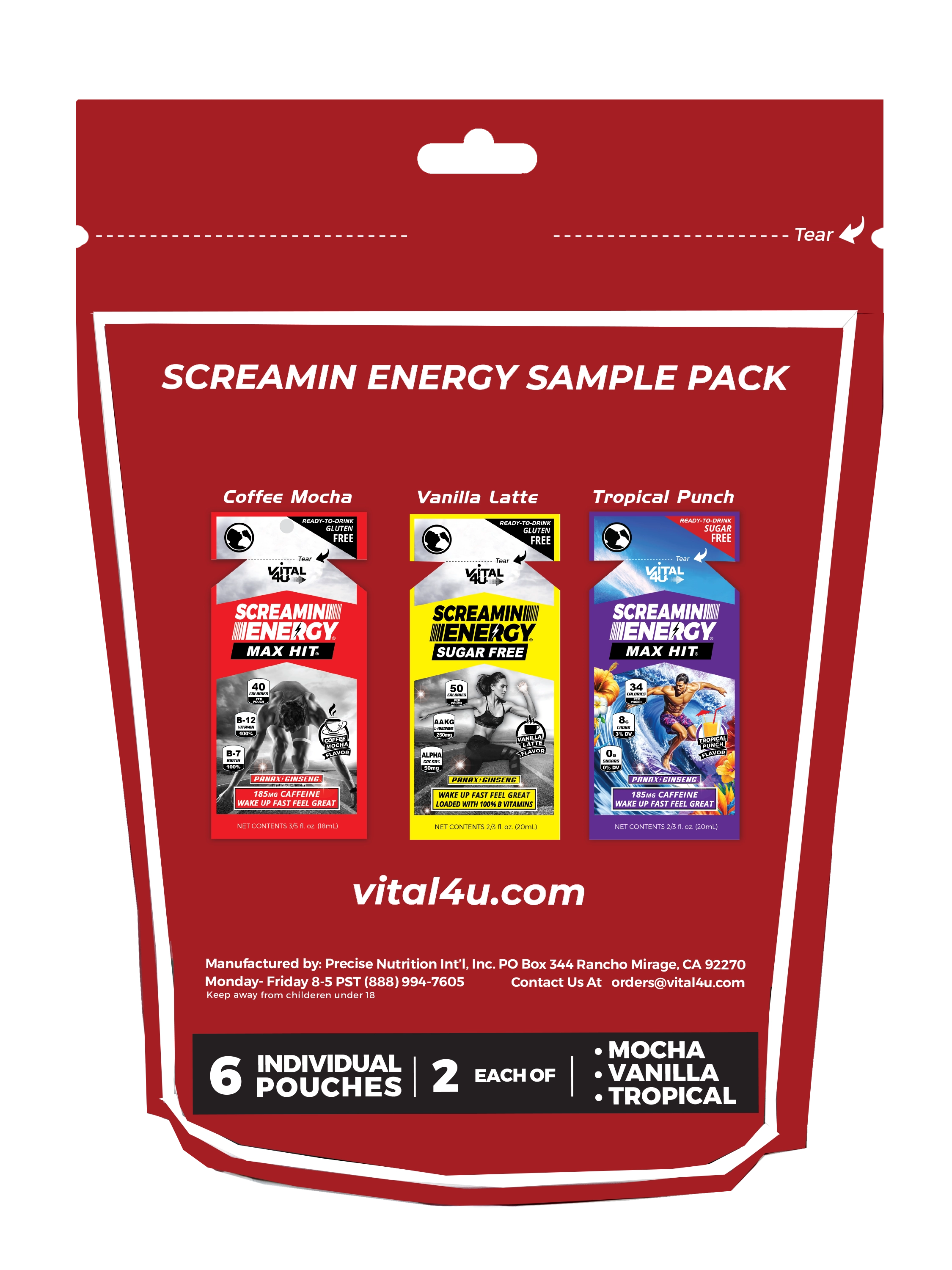 Screamin Energy Max Hit energy shot sample pack back of bag showcasing Coffee Mocha, Tropical, and Vanilla energy pouches.