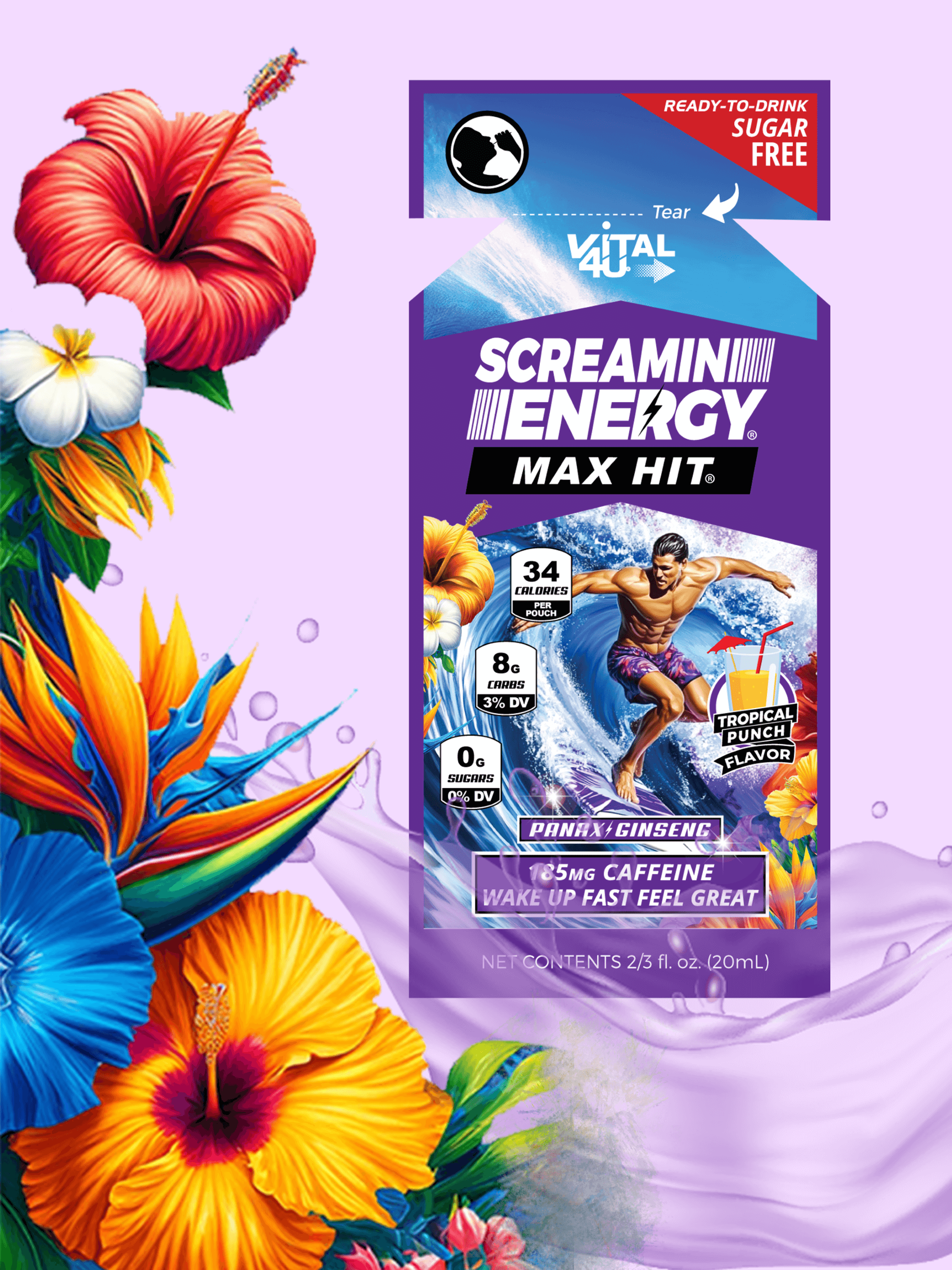 Screamin Energy Max Hit Tropical Punch Energy Shot pouch with surfer over a purple background with flowers.
