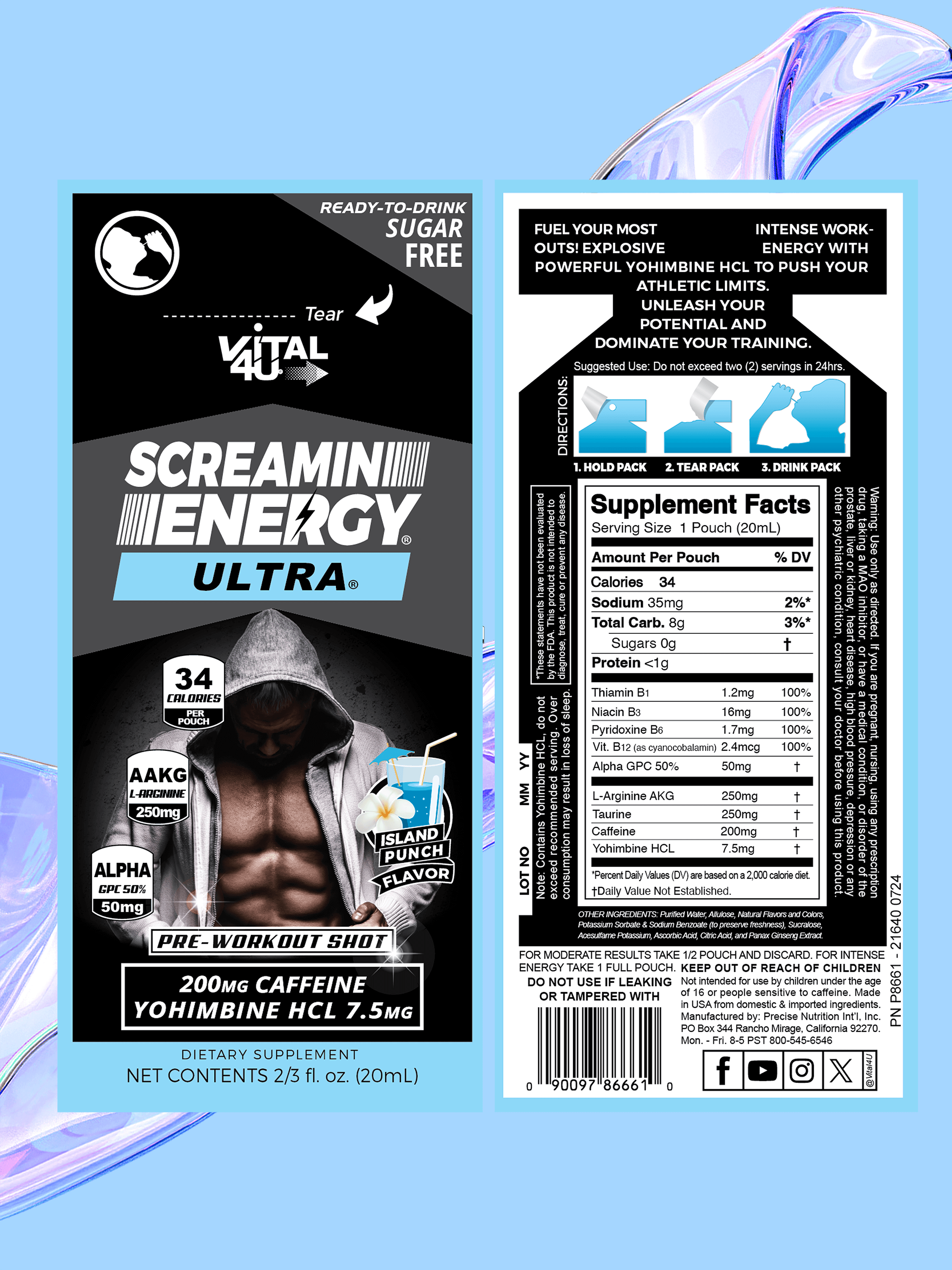 Screamin Energy Ultra Island Punch Pre-Workout Shot front label with graphics placed next to the back label with supplement facts.