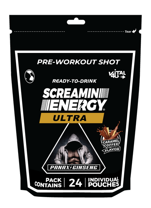 One black bags containing 24 pouches of Caramel Coffee Flavored pre-workout shots.