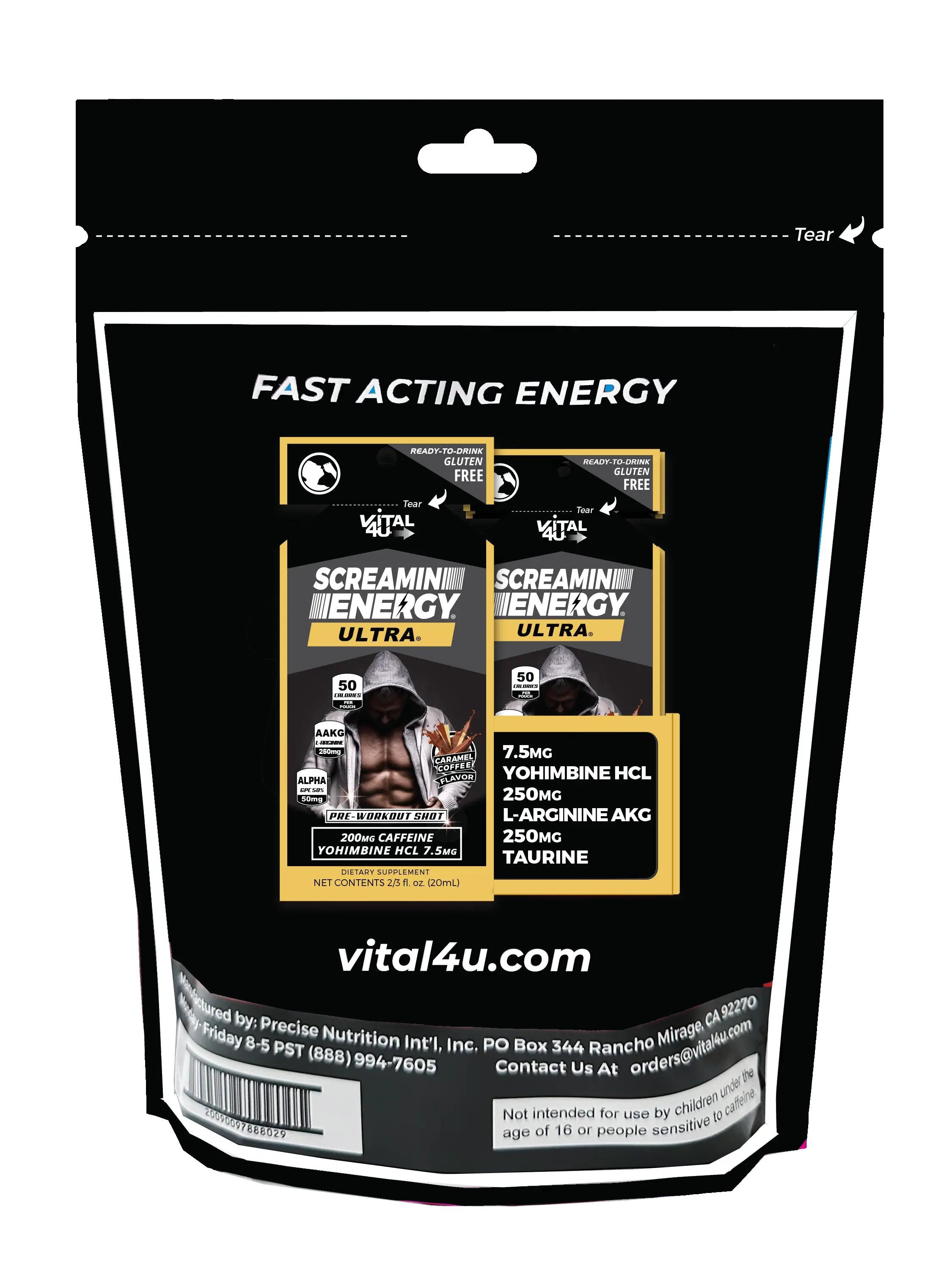 Back of the Screamin' Energy Ultra package showing 'Fast Acting Energy' text and two energy pouches with graphics.