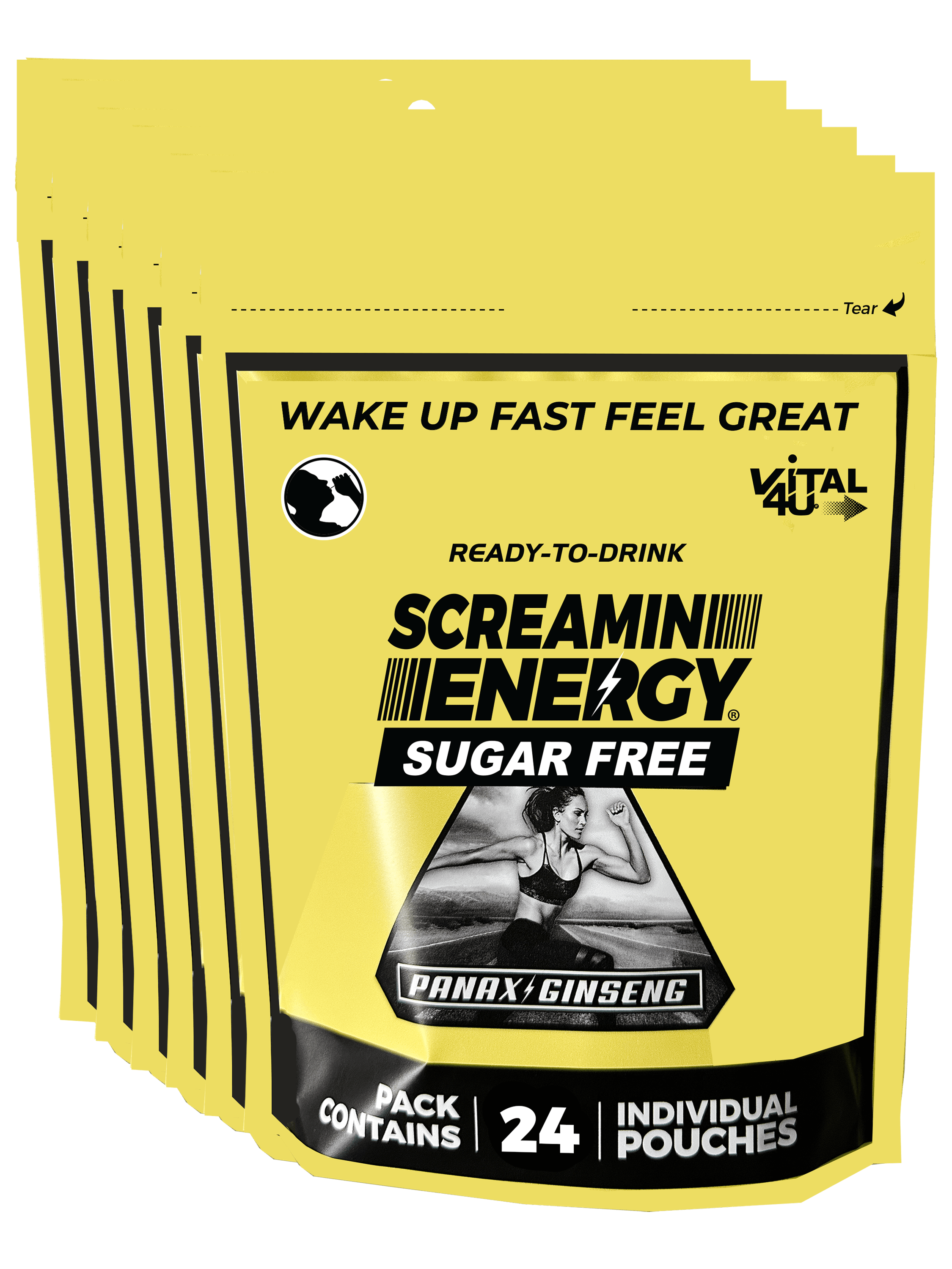 Six yellow bags containing 24 pouches each of Vital 4U Sugar Free Screamin Energy Vanilla Latte flavored energy shots.