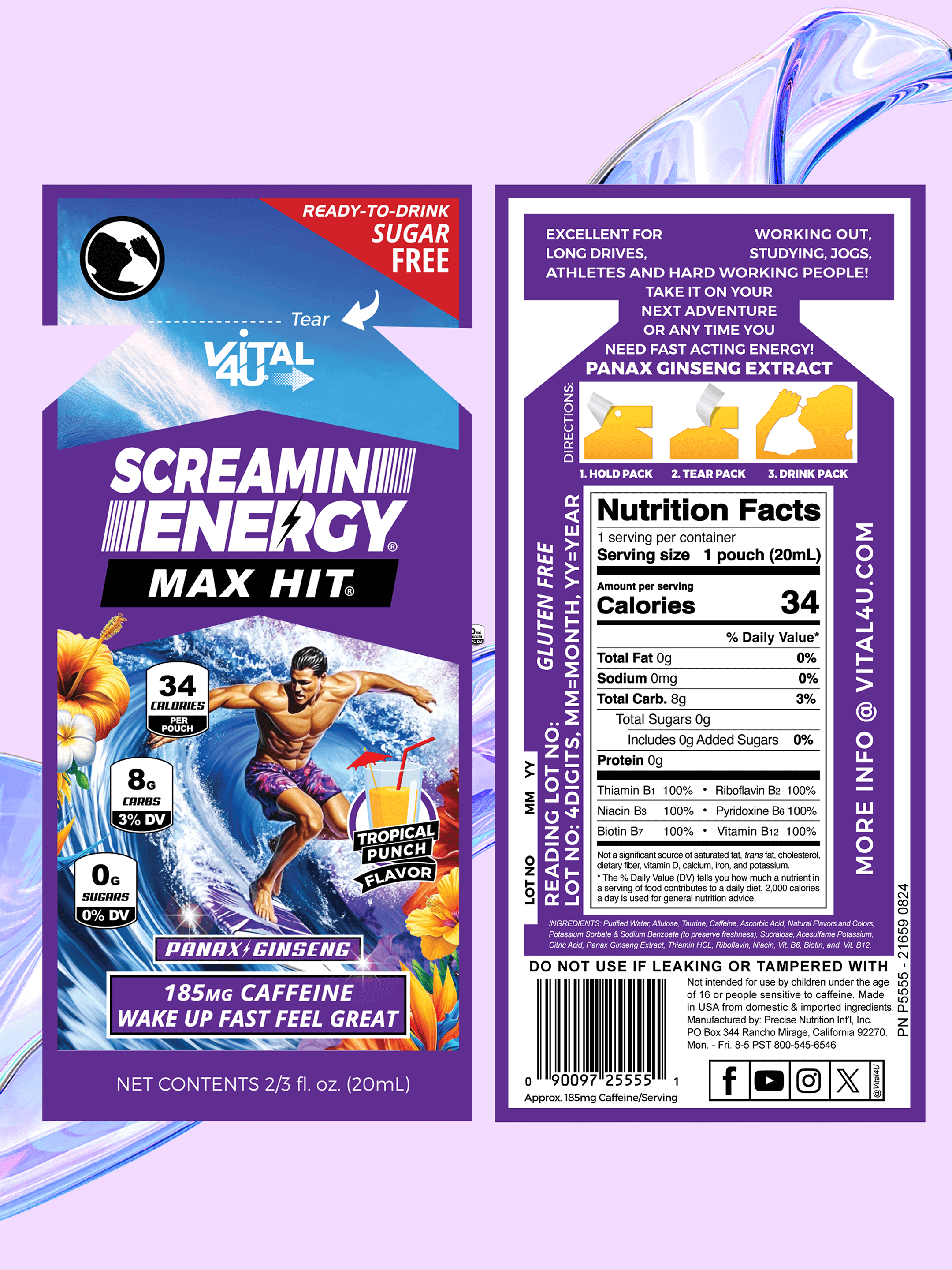 Screaming Energy Max Hit Tropical Punch Flavor pouch front with surfer and back with nutrition facts.