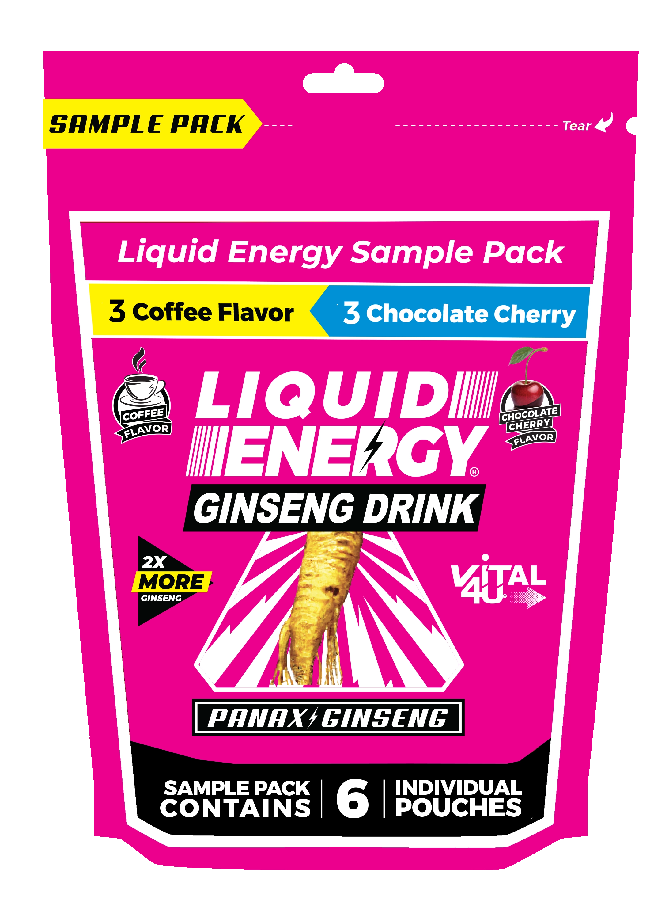 Pink sample pack of Chocolate Cherry and Coffee Liquid Energy Ginseng Drink.