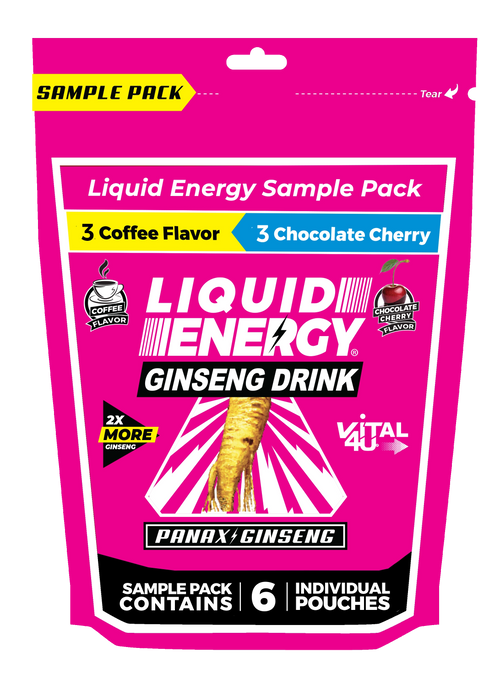 Pink sample pack of Chocolate Cherry and Coffee Flavored Liquid Energy Drinks.