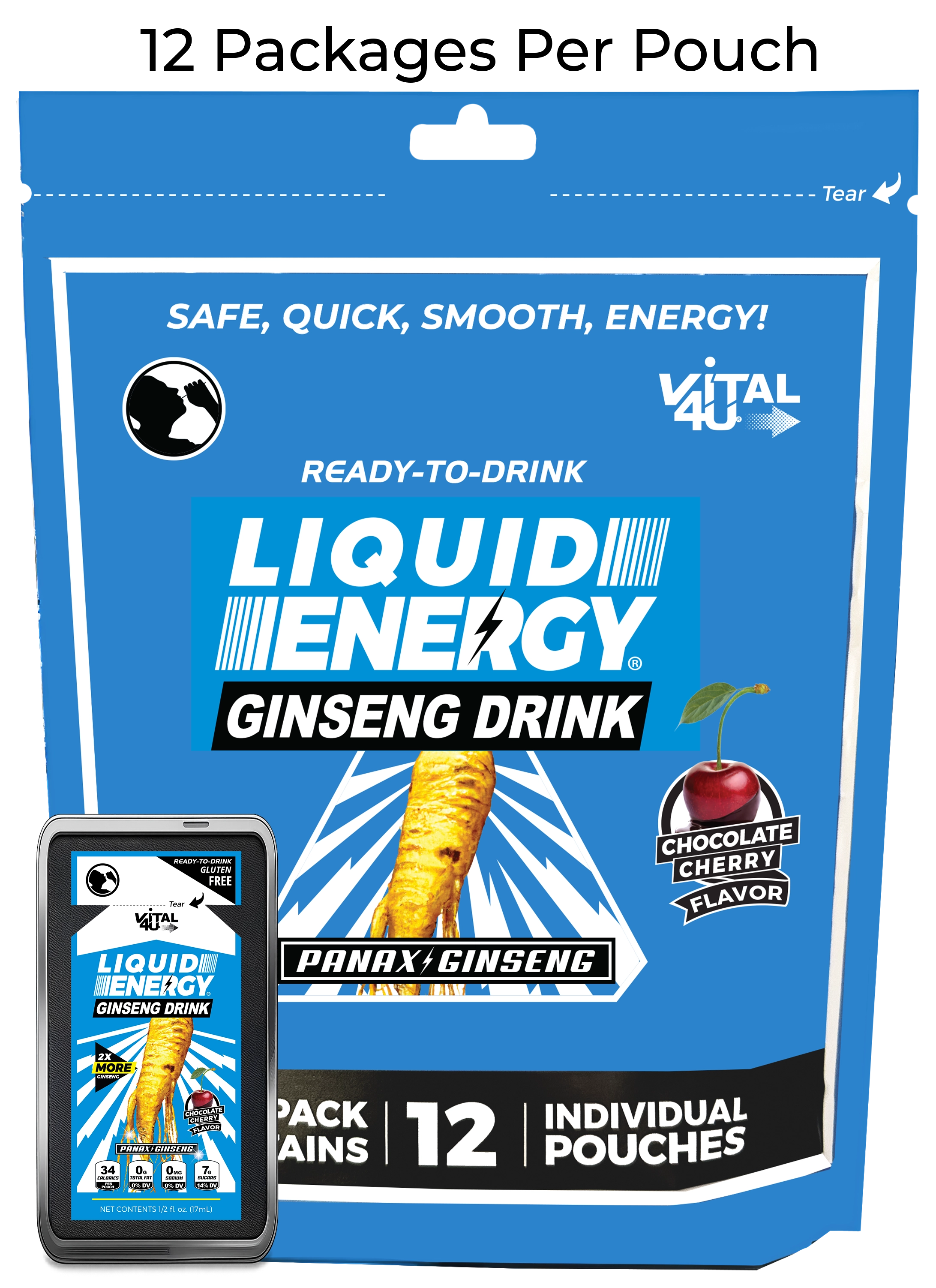 A blue bag containing 12 pouches of Vital 4U Liquid Energy chocolate cherry flavored ginseng energy shots.
