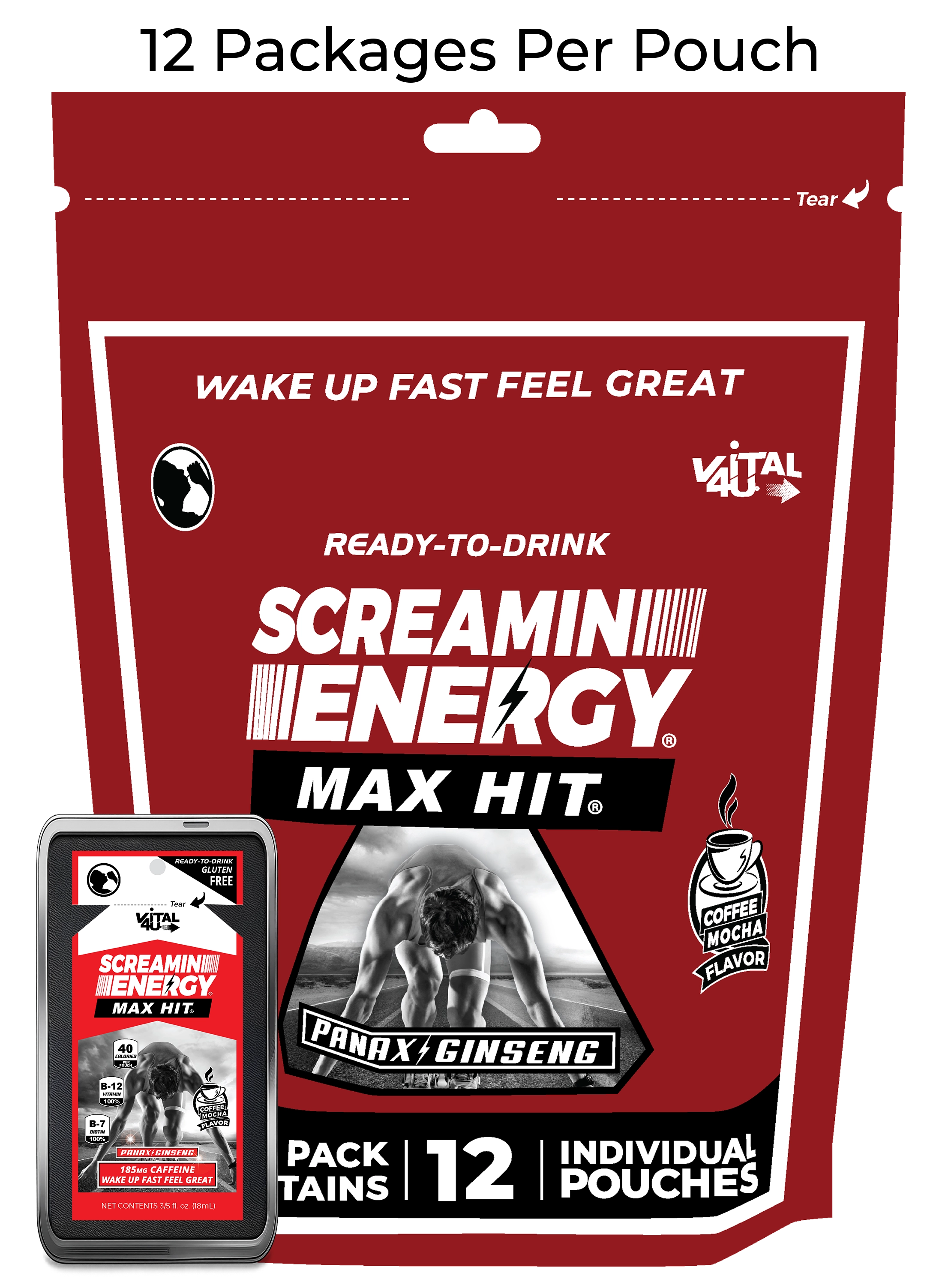 A red bag containing 12 pouches of Vital 4U Screamin Energy Max Hit mocha flavored energy shots with ginseng.