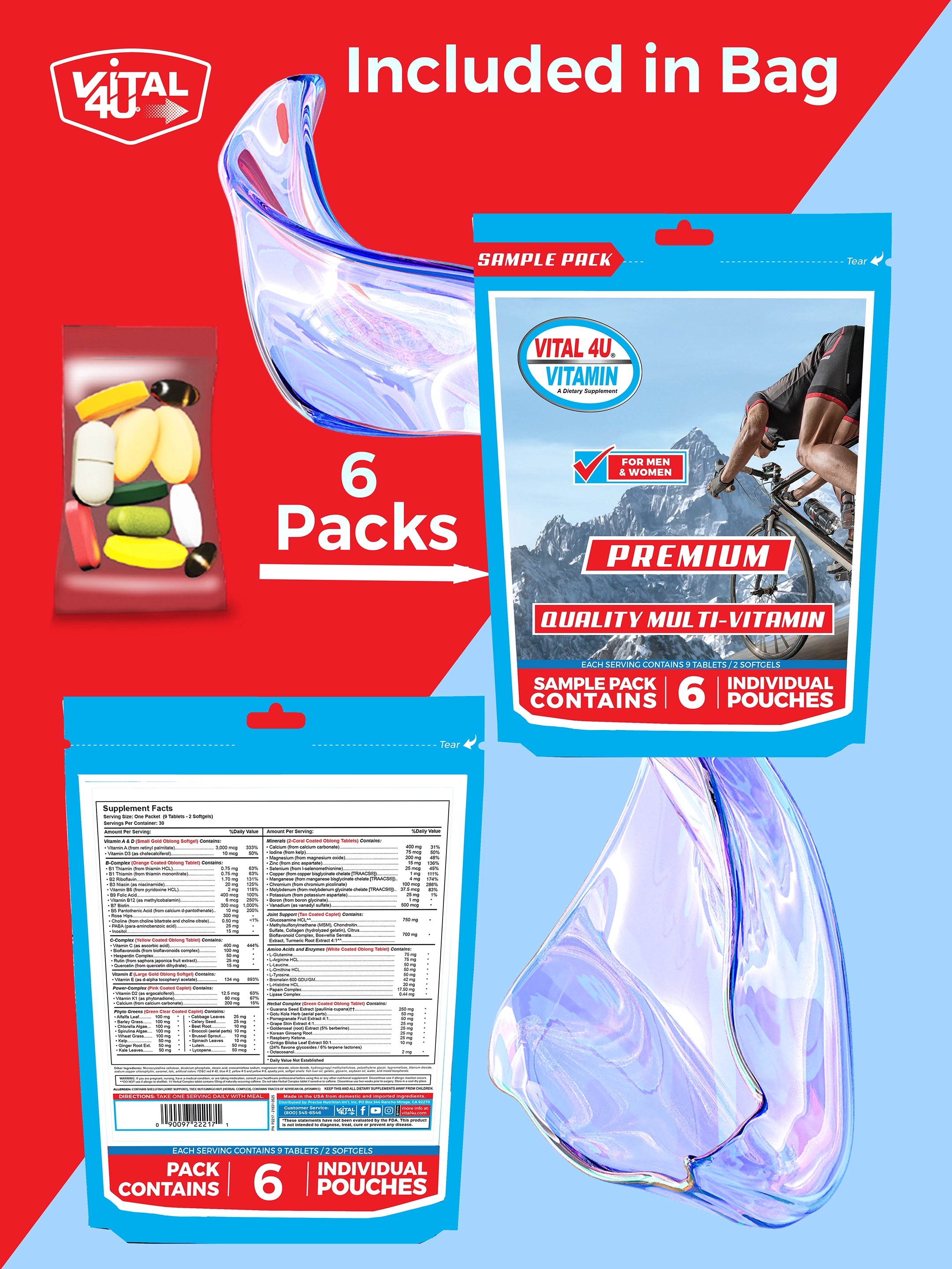 Vital 4U multi vitamin sample pack front and back of package featuring a cyclist design, supplement facts, and a bag of vitamin capsules.