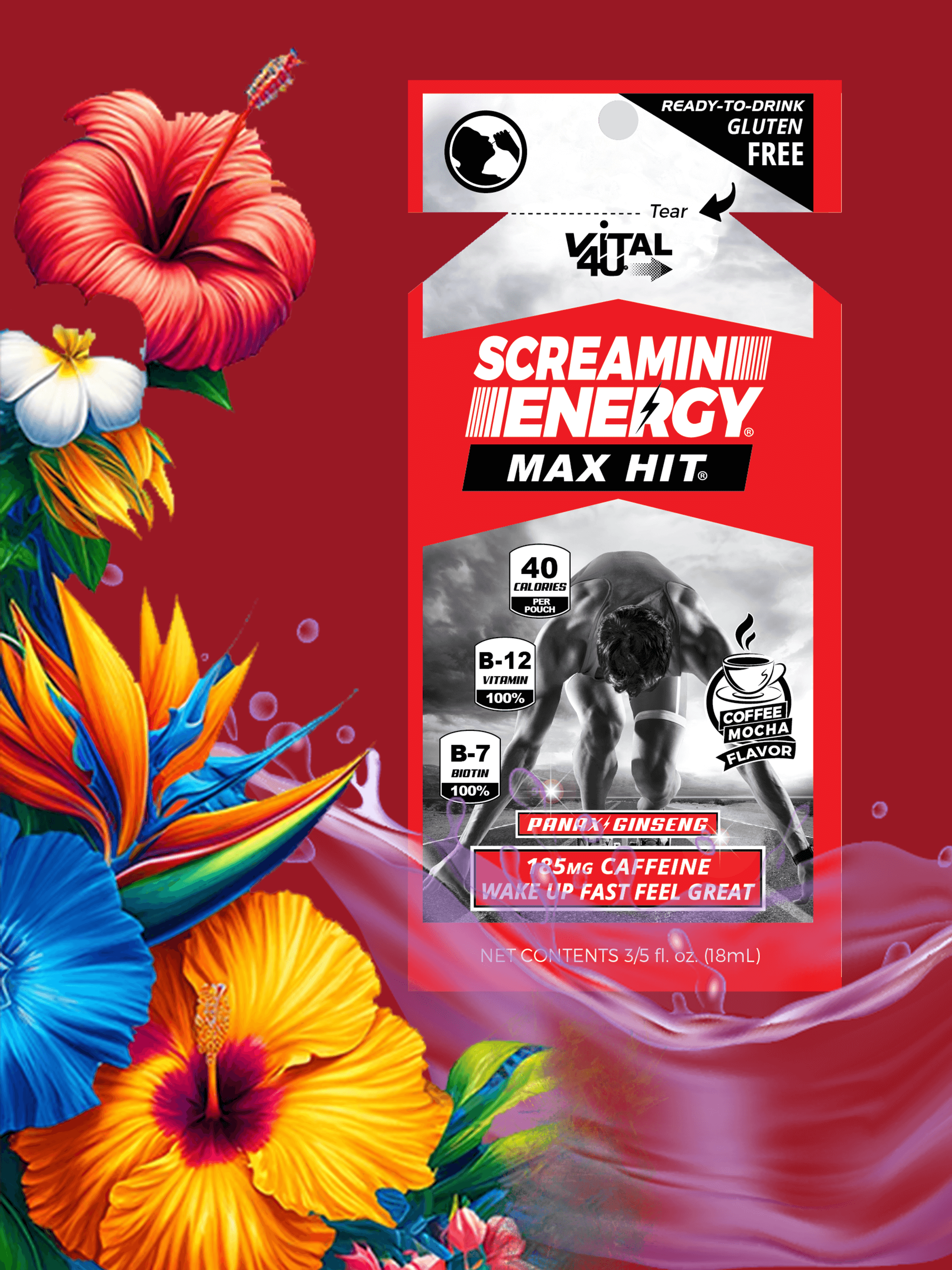 Screamin Energy Max Hit liquid energy pouch front over a red background with tropical flowers.