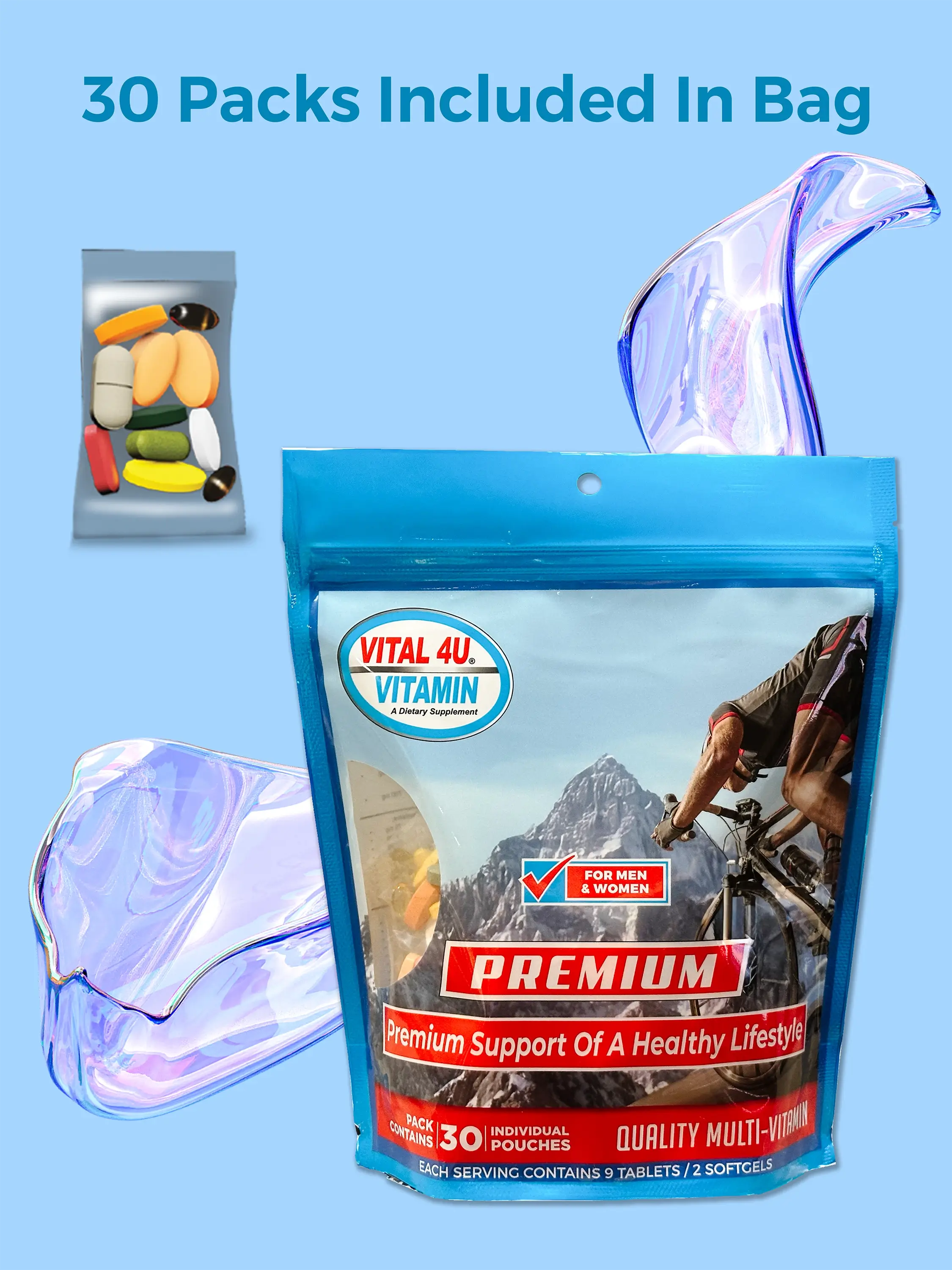 Vital 4U Vitamin package with a mountain scene and text on a blue background.